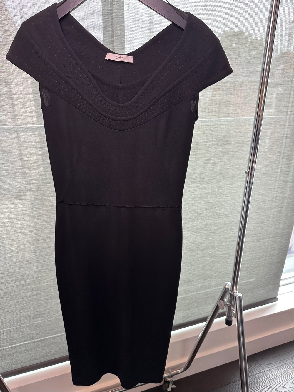 PRADA Black Midi Sheath Dress with Sculpted Neckline